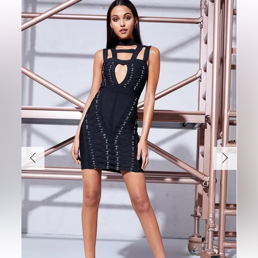 Boohoo Premium Helen Cage Neck Bandage Bodycon Black Dress NEW size 6